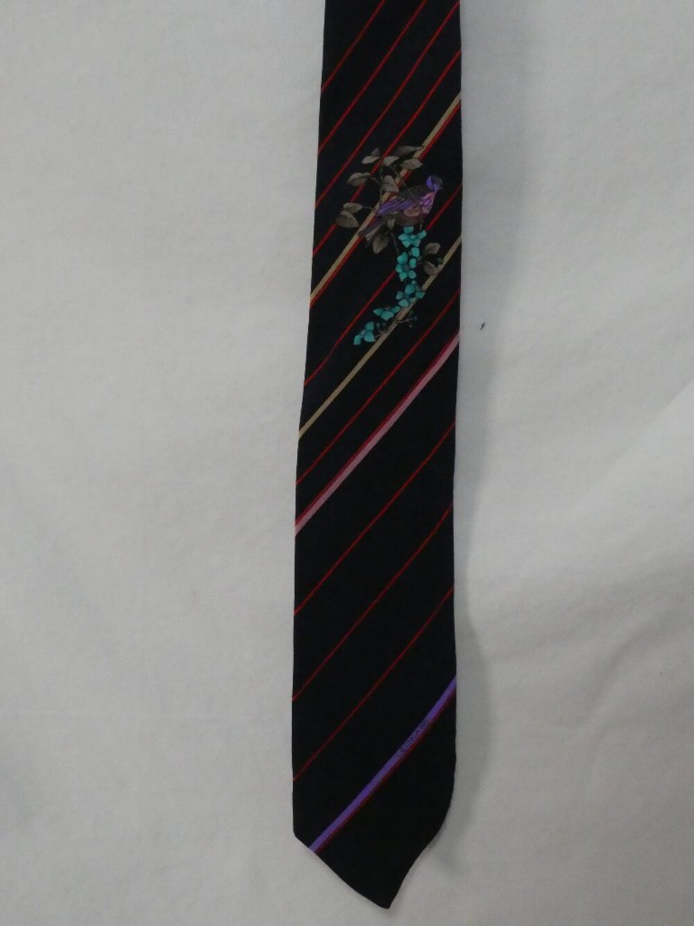 Vintage LEONARD PARIS Made In Italy Pure Silk Tie Striped Bird and Floral Print